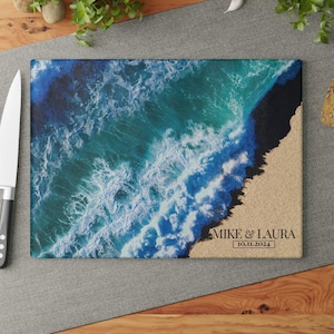 Custom Ocean Beach Glass Cutting Board, Charcuterie or Serving Board, Coastal Kitchen Decor, Housewarming, Anniversary, Gift for Mom