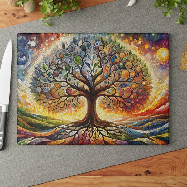 Tree Of Life Glass Cutting Board, Mosaic Style Glass Chopping Board, Charcuterie Serving Board, Wedding Gift, Housewarming Gift