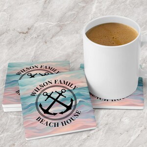Personalized Beach House Coasters – Set of 4 Rustic Drink Coasters, Custom Coastal Decor, Housewarming Gift, Beach Lover Gift