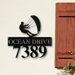 Custom Metal Kite Surfer Address Sign, Beach Housewarming Gift, Personalized House Number Sign, Coastal Yard Decor, Nautical Outdoor Sign