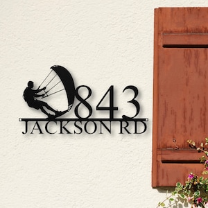 Custom Metal Kite Surfer Address Sign, Beach Housewarming Gift, Personalized House Number Sign, Coastal Yard Decor, Nautical Outdoor Sign