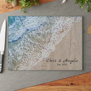 Custom Ocean Beach Glass Cutting Board, Charcuterie or Serving Board, Coastal Kitchen Decor, Housewarming, Anniversary, Gift for Mom