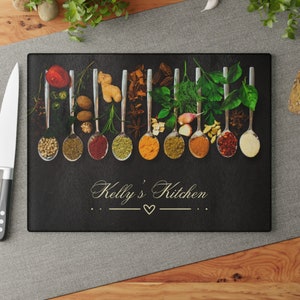 Custom Glass Cutting Board, Unique Kitchen Gift, Spices Charcuterie Board, Gift For Chef, Anniversary Gift, Wedding Gift, Kitchen Utensils