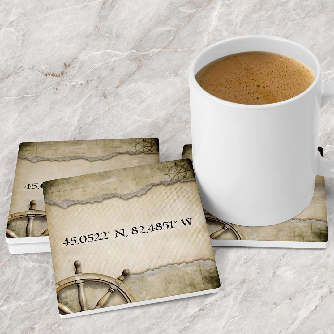 Custom Nautical Chart Coasters, Set of 4 Coastal Map Drink Coasters ...