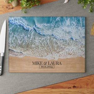 Custom Ocean Beach Glass Cutting Board, Charcuterie or Serving Board, Coastal Kitchen Decor, Housewarming, Anniversary, Gift for Mom