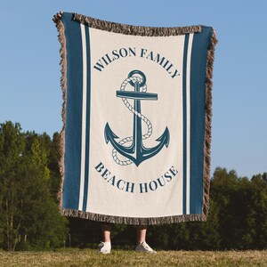 Custom Beach House Blanket, Personalized Coastal Throw with Name, Nautical Home Decor, Ocean Cottage Blanket, Housewarming Gift