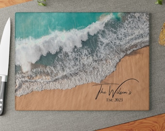 Personalized Ocean Beach Glass Cutting Board, Kitchen Gift For Mom, Charcuterie Serving Board, Housewarming Gift, Anniversary Gift, Platter