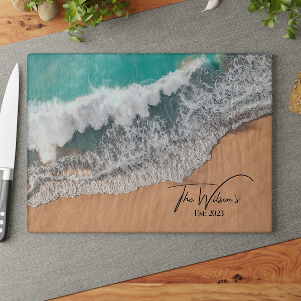 Personalized Ocean Beach Glass Cutting Board, Kitchen Gift For Mom, Charcuterie Serving Board, Housewarming Gift, Anniversary Gift, Platter