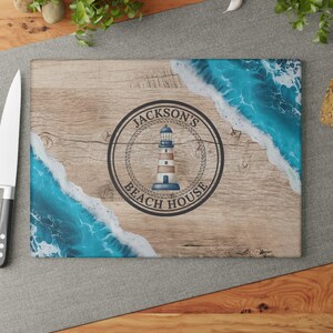 Custom Ocean Beach Glass Cutting Board, Charcuterie or Serving Board, Coastal Kitchen Decor, Housewarming, Anniversary, Beach House Gift
