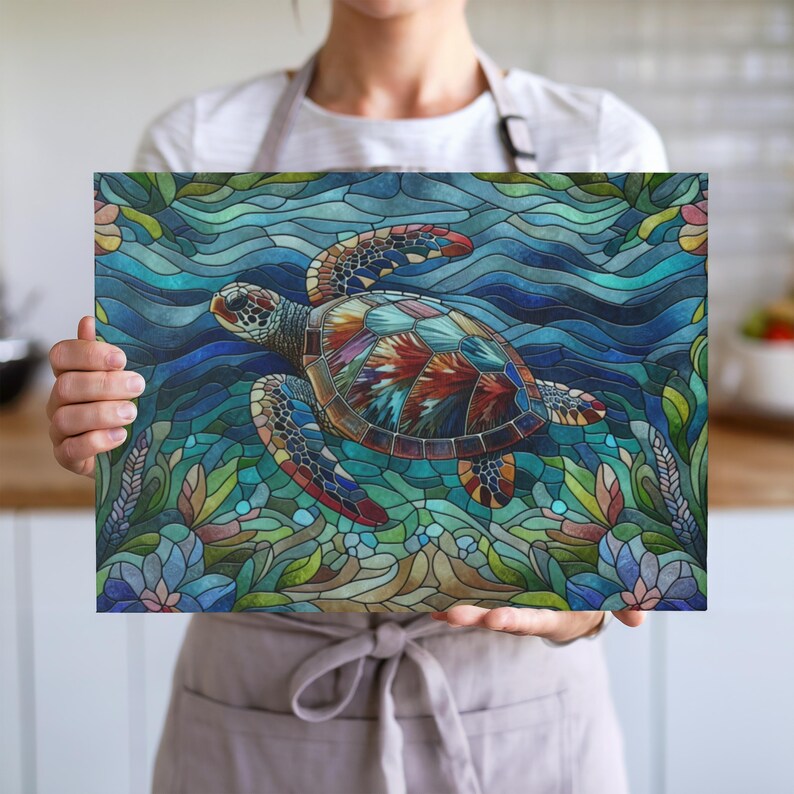 May include: A stained glass style illustration of a sea turtle swimming in the ocean. The turtle is colorful with shades of blue, green, red, and brown. The ocean is depicted in shades of blue and green with a wavy pattern.