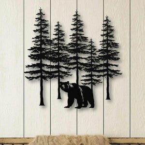 Tree Line Wall Art, Forest & Bear Metal Sign, Pine Tree Decor, Nature Decor, Indoor Outdoor Metal Sign, Cottage Wall Art, Cabin Accent Gift