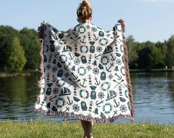 Nautical Woven Cotton Blanket, Beach House Decor, Fringe Throw