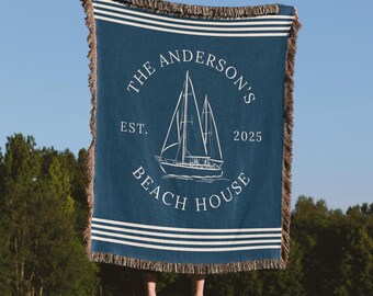 Custom Beach House Blanket, Personalized Coastal Throw with Name, Nautical Home Decor, Ocean Cottage Blanket, Housewarming Gift, Beachy Gift