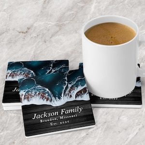 Personalized Beach House Coasters – Set of 4 Rustic Drink Coasters, Custom Coastal Decor, Housewarming Gift, Beach Lover Gift