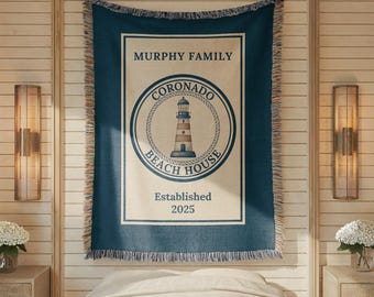 Personalized Beach House Blanket, Woven Cotton Coastal Throw, Nautical Lighthouse Decor