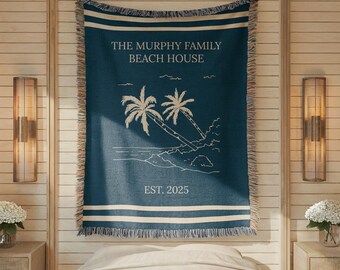 Custom Beach House Blanket, Personalized Coastal Throw with Name, Nautical Home Decor, Ocean Cottage Blanket, Housewarming Gift