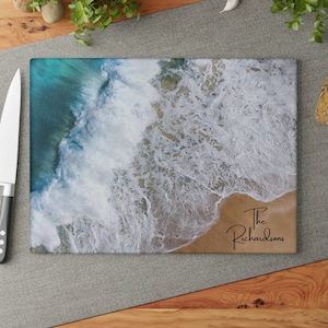 Custom Ocean Beach Glass Cutting Board, Charcuterie or Serving Board, Coastal Kitchen Decor, Housewarming, Anniversary, Gift for Mom