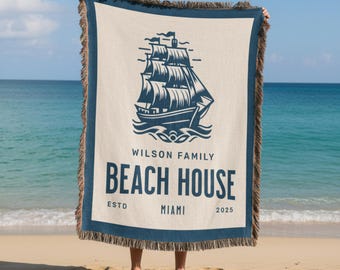 Custom Beach House Blanket, Personalized Coastal Throw with Name, Nautical Home Decor