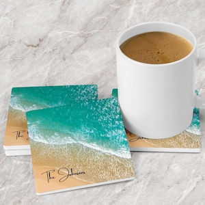 Personalized Beach House Coasters – Set of 4 Rustic Drink Coasters, Custom Coastal Decor, Housewarming Gift, Beach Lover Gift