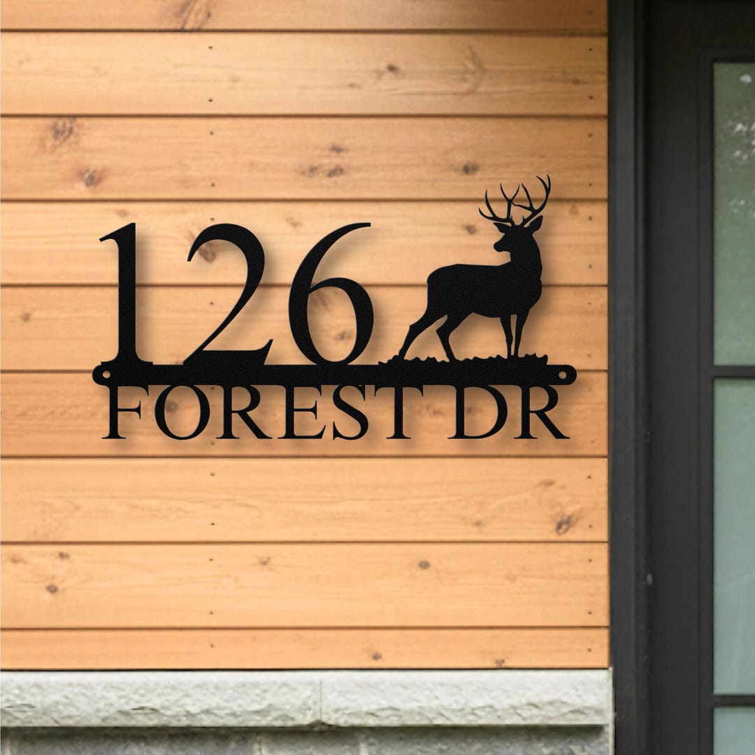 Personalized Couple Deers House Number Sign – Custom Elk Address Plaque, Modern Metal Wall Art For Outdoor Or Indoor, Housewarming Gift (Custom Text Available)
