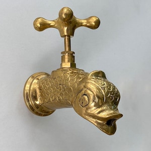 Unlacquered Brass Fish-Shaped Faucet , Engraved Wall Mount Cold Water Tap, Wall Mount Single Hole Faucet