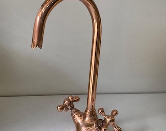 Handcrafted Copper Gooseneck Faucet - Farmhouse Kitchen & Bathroom Sink Tap - Vintage Style Hot Cold Water Fixture for Vessel Sink
