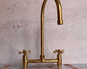 Antique Style, Unlacquered Solid Brass 8" Bridge Faucet, Vintage Kitchen Sink Faucet