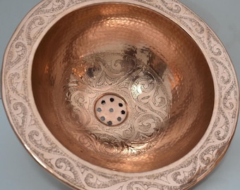 Copper Bowl Drop-in Sink Engraved Bathroom Vanity Basin , Bathroom Sink, Powder Room Sink