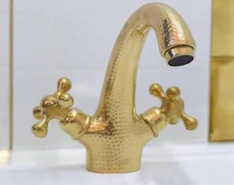 Vintage Brass Bathroom Faucet | Handcrafted Hammered Cross Handle Vanity Tap | Unlacquered Brass Sink Fixture