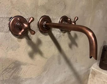 Copper Bathroom Faucet, Wall Mounted Sink Faucet, Handmade Copper Faucet, Rustic Bathroom Fixture, Vintage Style Faucet