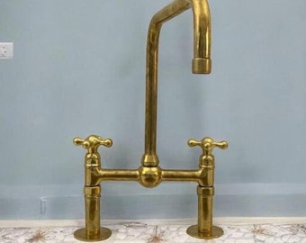 8-Inch Solid Brass Bridge Kitchen Faucet | Unlacquered Raw Finish | Square Spout with Ball Center