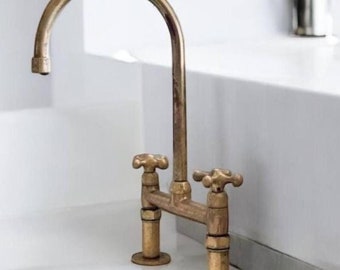 Unlacquered Brass Bridge Kitchen Sink Faucet, Antique Brass, Vintage Brass Faucet, 8 Inches Spread