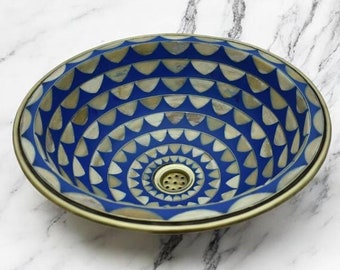 Luxury Blue Resin and Brass Bathroom Vessel Sink , Modern Round Brass and Epoxy Resin Vanity Basin