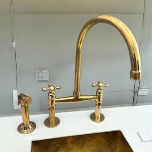 Vintage Unlacquered Brass Kitchen Faucet, Solid Brass 8&quot; Bridge faucet with Cross Handles and Straight Legs