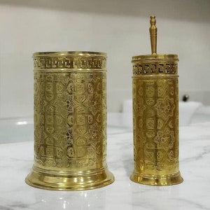 Unlacquered Brass bathroom accessories Set, Solid Brass Storage Basket Trash can, Bathroom Trash Can, Handmade Toilet Brush And Holder