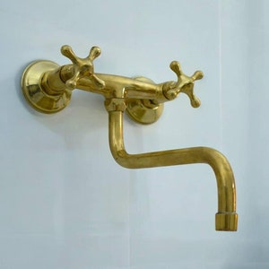 Unlacquered Brass Wall Kitchen Faucet, Wall Mount Bridge Faucet , Swivel Spout