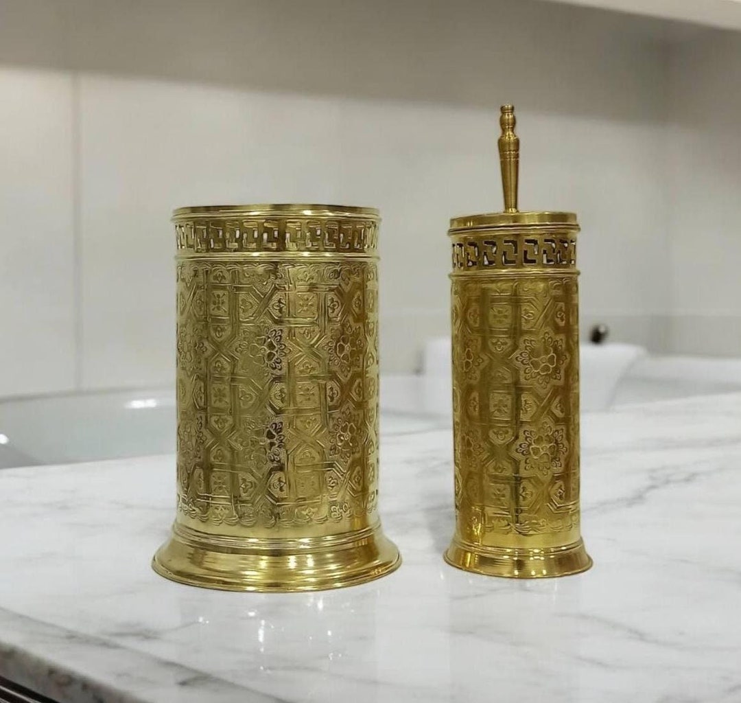 Unlacquered Brass Bathroom Accessories Set, Solid Brass Storage Basket ...