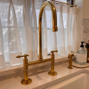 Vintage Unlacquered Brass Kitchen Faucet | Antique Bridge Style Sink Faucet | Solid Brass Kitchen Fixture
