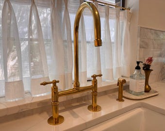 Vintage Unlacquered Brass Kitchen Faucet | Antique Bridge Style Sink Faucet | Solid Brass Kitchen Fixture