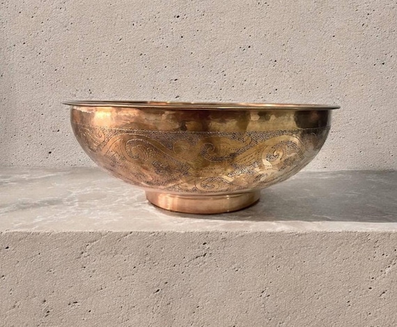 Engraved Copper Vessel Sink , Round Copper Bathroom Wash Basin, Bathroom Vanity Sink