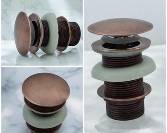 Handcrafted Dark Copper Pop Up Sink Drain | Bathroom Vanity Drain Stopper | Copper Bathroom Hardware | Vintage Style Vessel Sink Drain