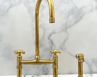 Vintage Solid Brass Bridge Kitchen Faucet | Unlacquered Swivel Spout | Lever Handles & Sprayer | Classic Farmhouse Style