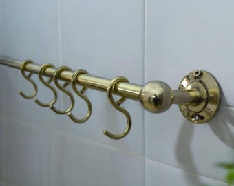 Vintage Unlacquered Brass Pot Rack - Wall Mounted Kitchen Hanging Storage - Rustic Handmade Antique Style