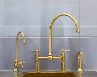 Unlacquered Brass Bridge Faucet Ball Center, Vintage Kitchen Faucet, Brass sprayer , water filter faucet