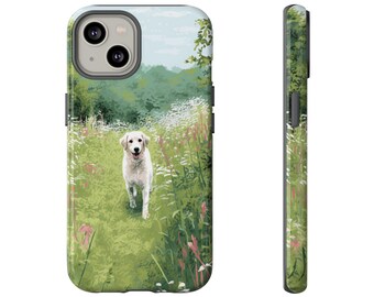 Unikt digitalt konstskal för mobilen: Hund som går i gräset, Oshare Kei-stil, pointillistiska blommor, rödbrunt grönt mönster