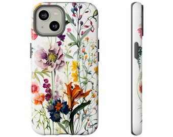 Blommigt akvarell mobilskal - Livfullt blommönster på vit bakgrund