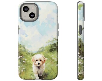 Duckcore Dog: Livfullt digitalt målningsskal för mobilen med pointillistiska blommor och platt skuggning