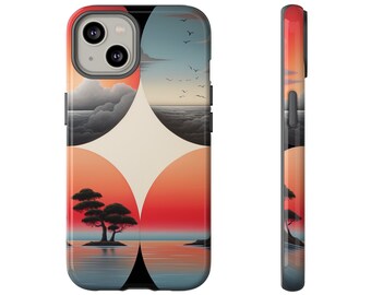 Fantastiskt cirkelformat telefonskal med Kevin Sloan-inspirerad design - rosaröd himmel, realistiska havslandskap och azurblå nyanser