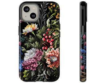Blommigt akvarell mobilskal - Livfulla blommor på en elegant svart bakgrund