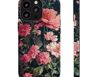 May include: A black phone case with a floral pattern. The flowers are pink and white and have a vintage aesthetic. The case has a cutout for the camera lens.